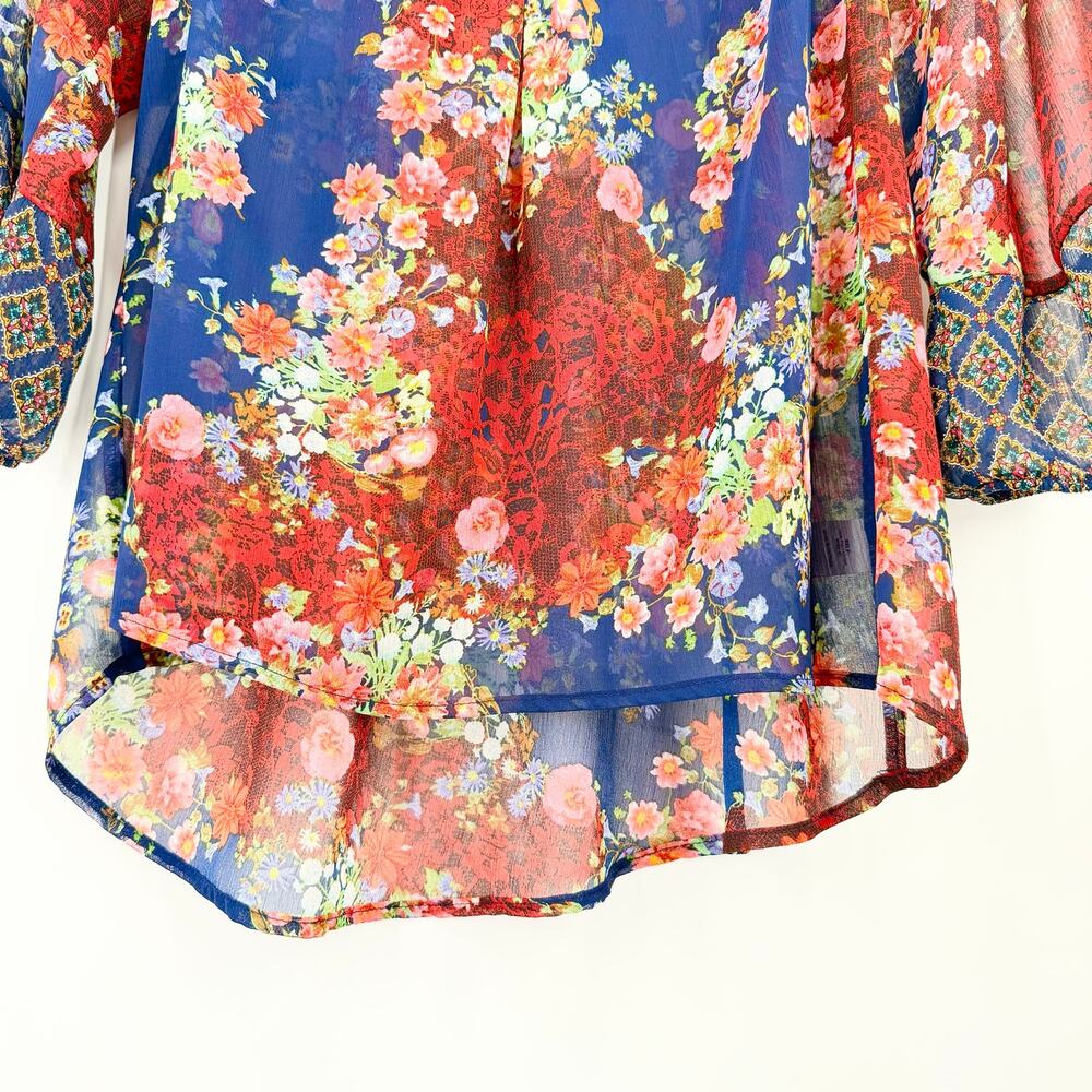 Anthropologie Fig & Flower Floral Sheer Boho Blouse Medium Blue Red Peasant Top - Picture 8 of 11